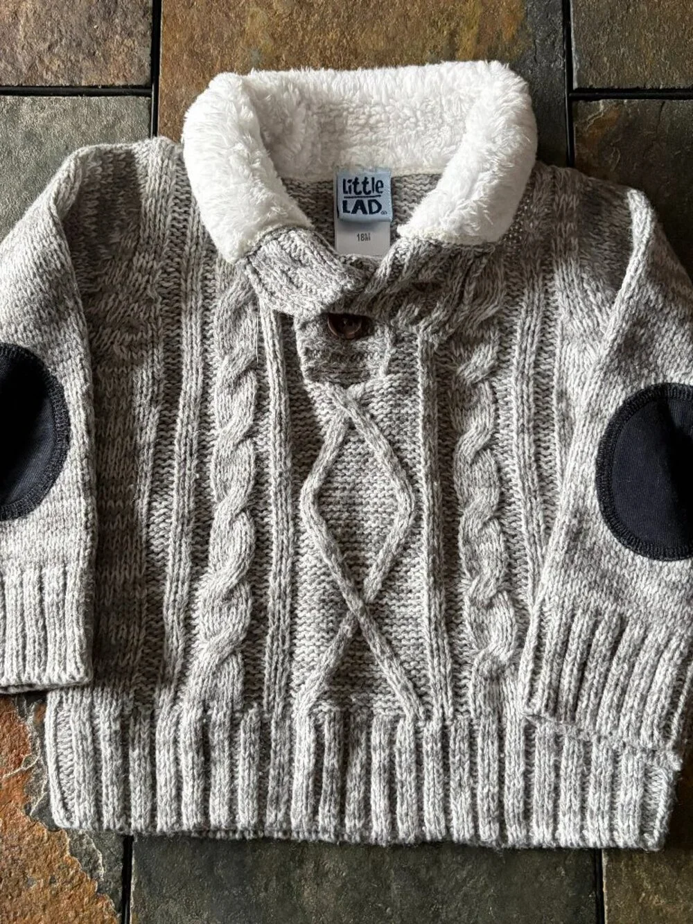 Little Lad toddler sweater cable knit sherpa collar elbow patches size 18 months